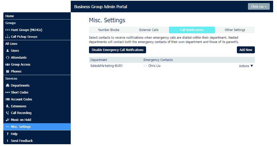 Business Group Misc Settings Emergency Call Notifications screen