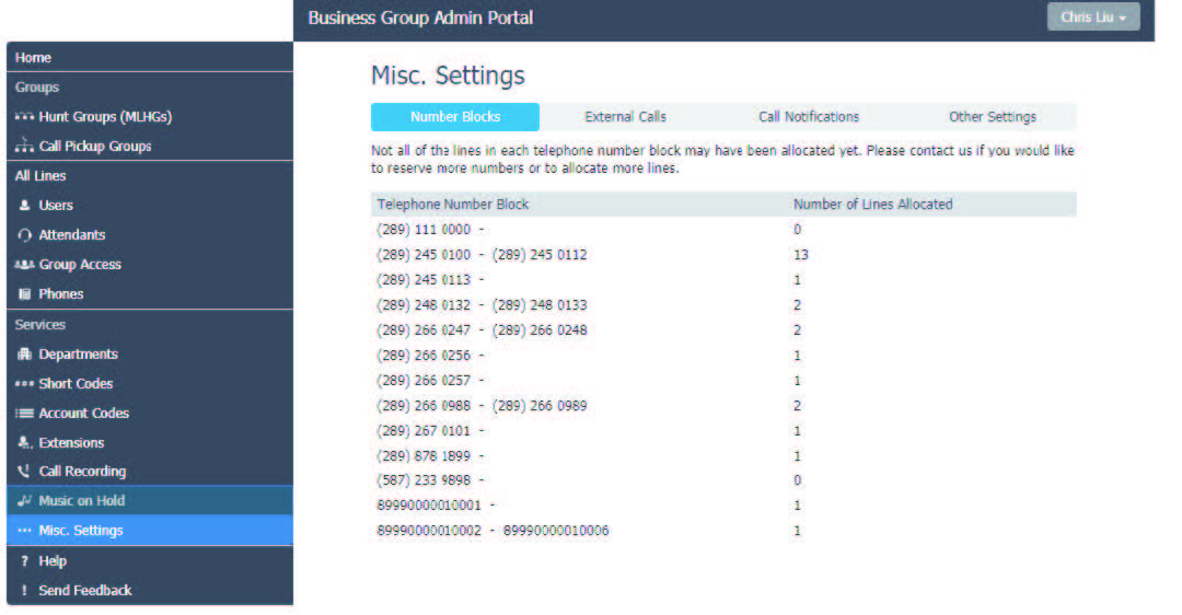 Business Group Misc Settings Number Blocks screen