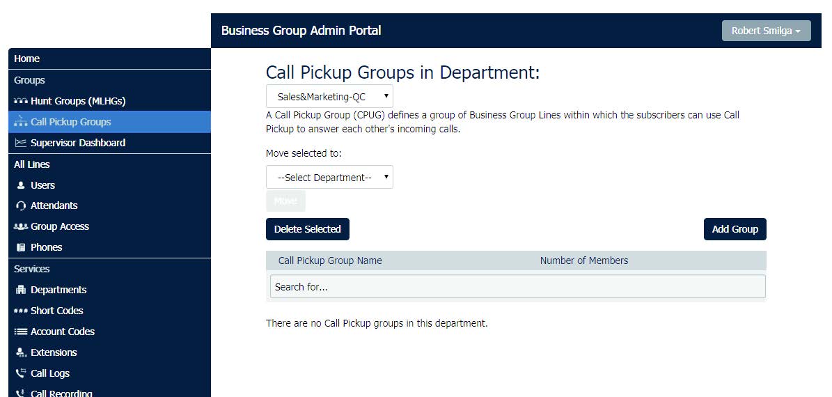 Call Pickup Groups screen