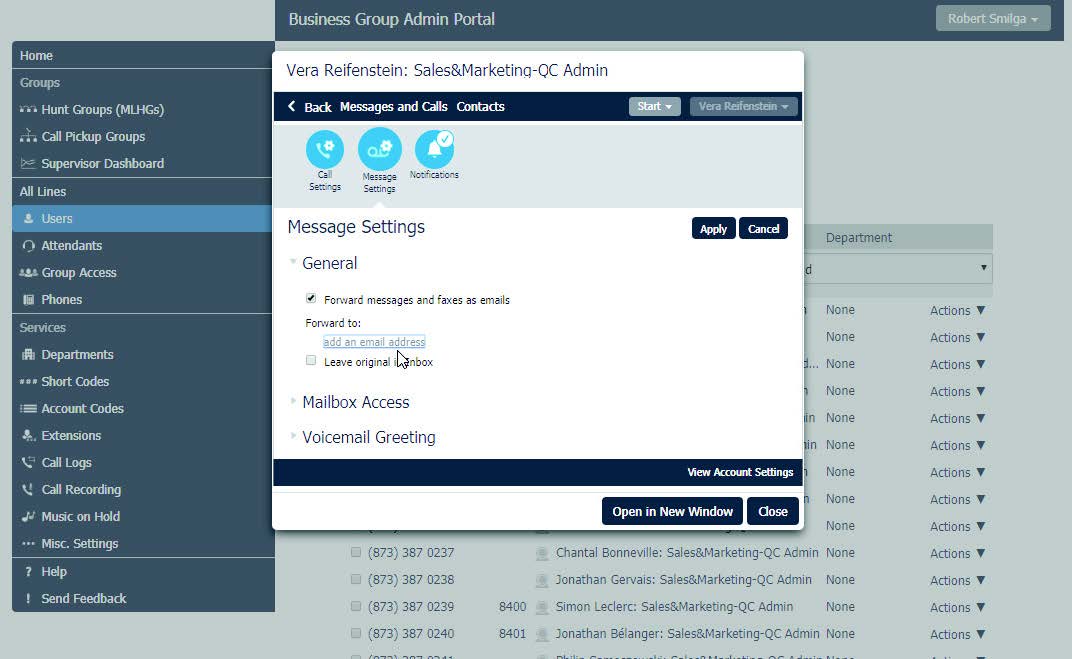 Example of Message Settings screen