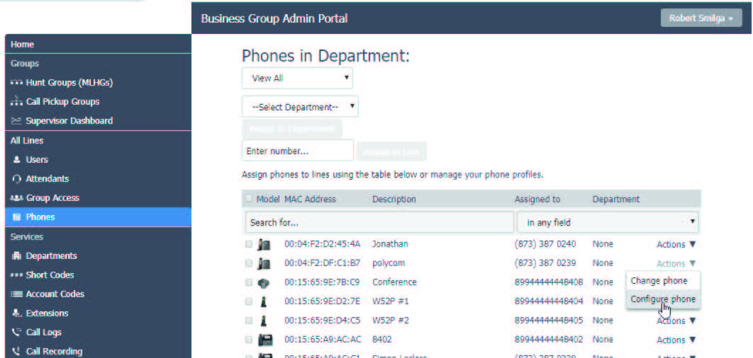 Example of Phones tab screen