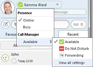 Call Manager selection menu: Available, Do Not Disturb, Forwarding