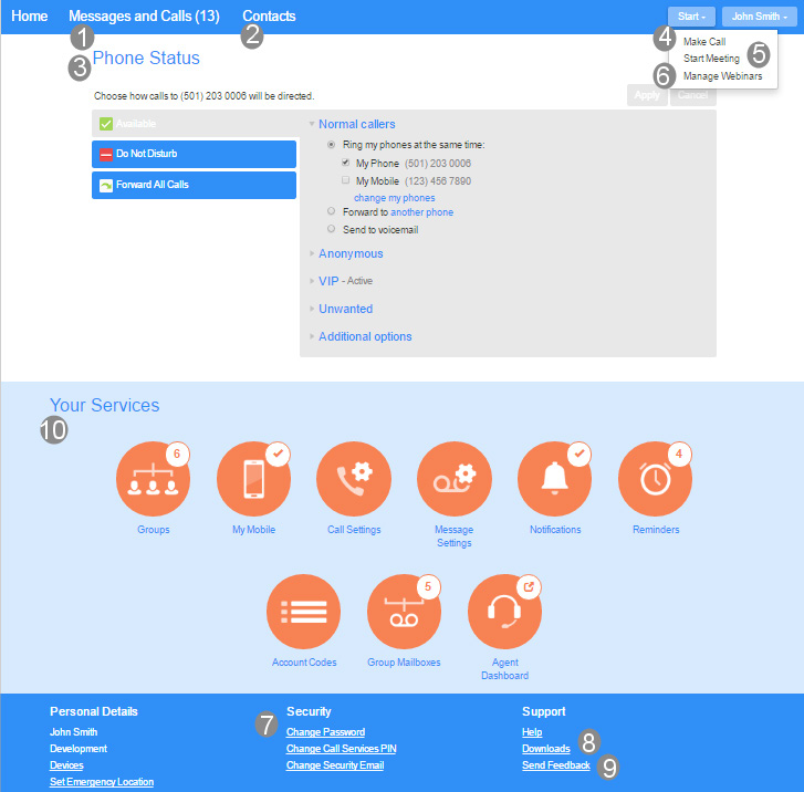 Hosted PBX Customer Portal Home page display