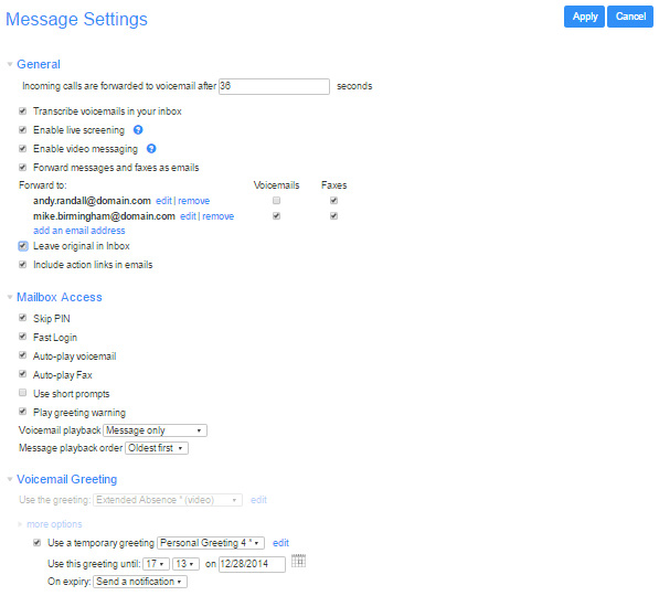 Message Settings page with General, Mailbox, and Voicemail setting options
